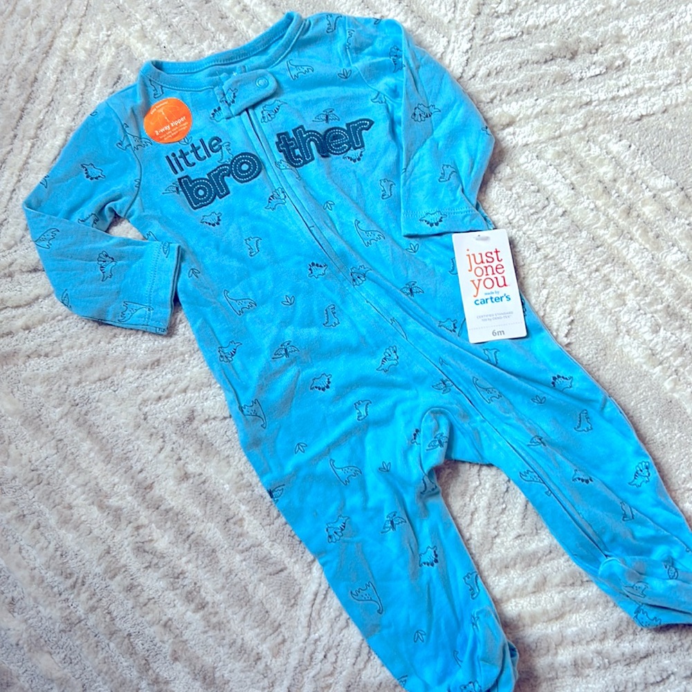 6 months Little Brother Dinosaur Blue 2 Way Zip Up Footie Onesie Cotton NWT